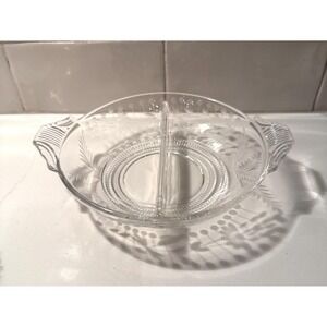Duncan & Miller Glass Relish Dish, Divided • Vintage Art Deco Floral Etched